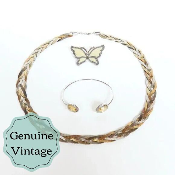 Vintage Jewelry Set -Necklace Bracelet Brooch - Enamel Butterfly - 3 Pcs - Gift  - Picture 1 of 10